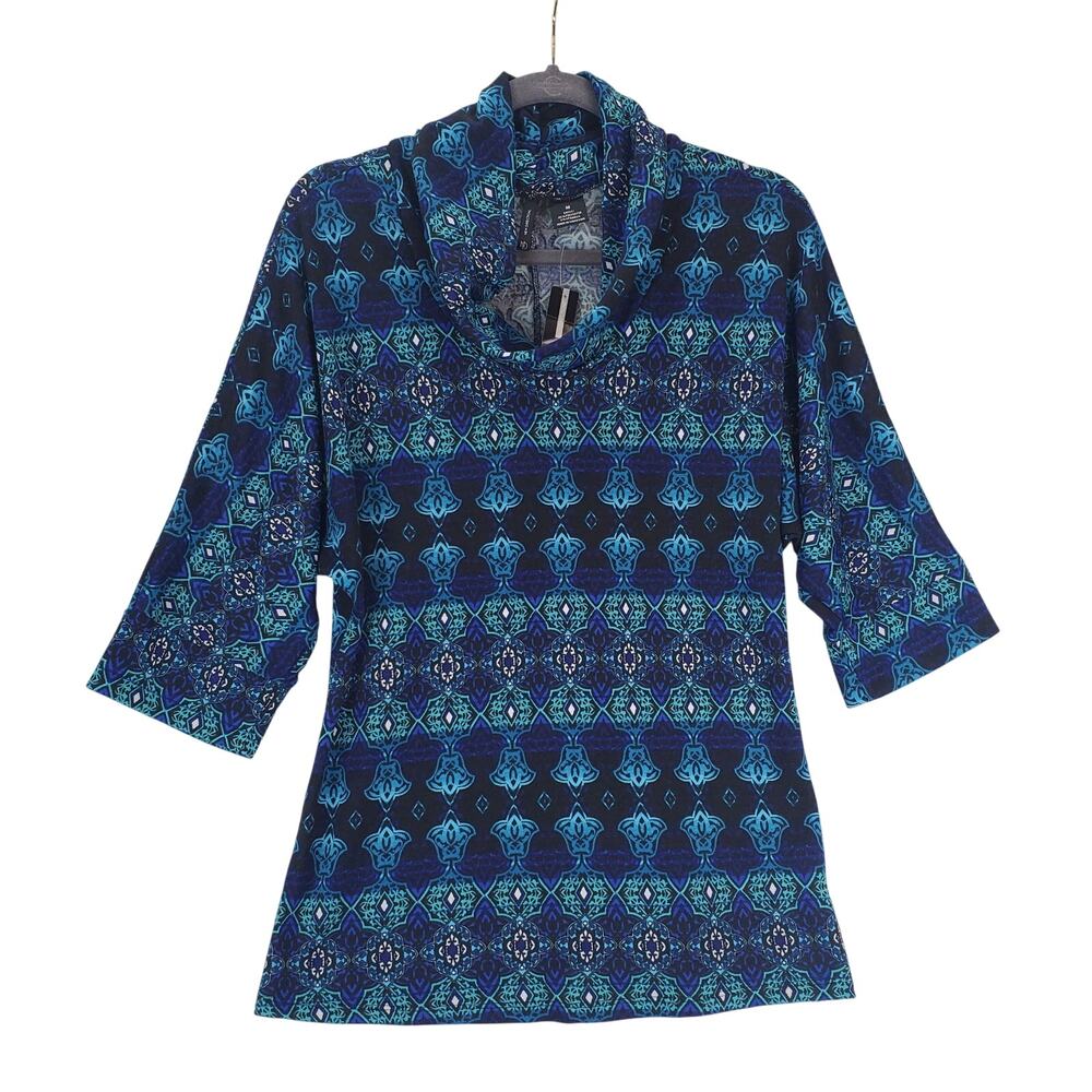 New Direction Blue Ikat Top Short Sleeve Cowl NWT Preppy Casual Office Career M